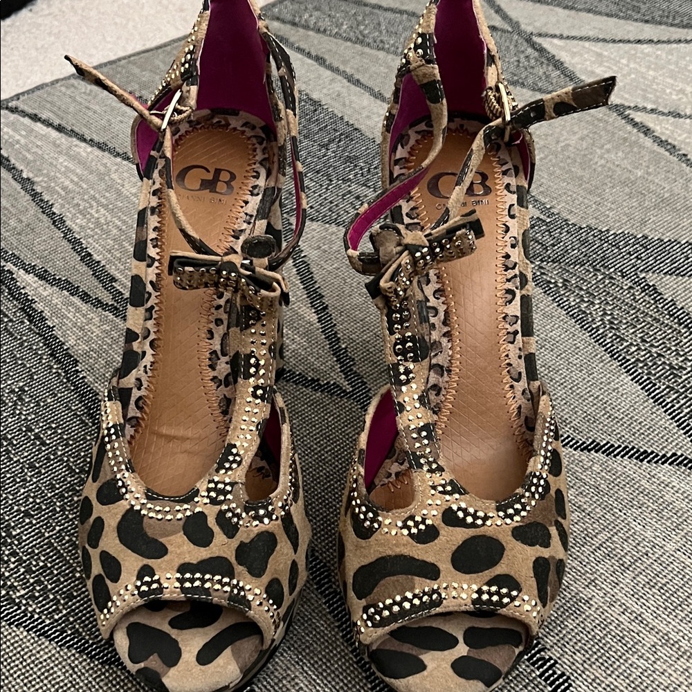Gianni Bini Leopard Print Heels with Gold Stones